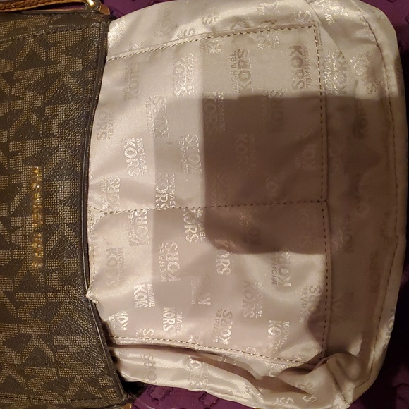 Michael Kors Momogram Brown canvas and Tan Leather Trim.9inw Crossbody. - Picture 11 of 13